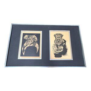 Vintage Art Print Mystical Bearded Rabbi etching Signed 1971 Religious framed